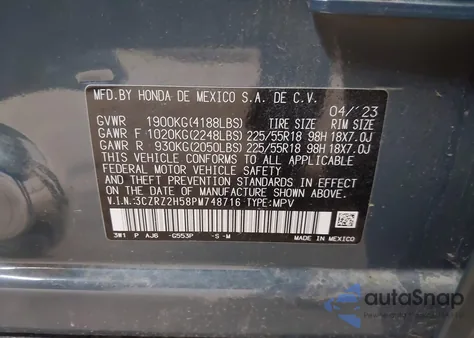 2023 Honda Hr-V Awd Sport из США, поврежденный, VIN 3CZRZ2H58PM748716